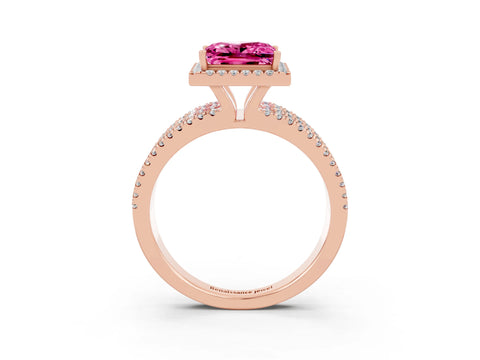Rose gold {shape_name} Pink Sapphire Halo Engagement Ring with Split Shank and Four-Prong Setting_3