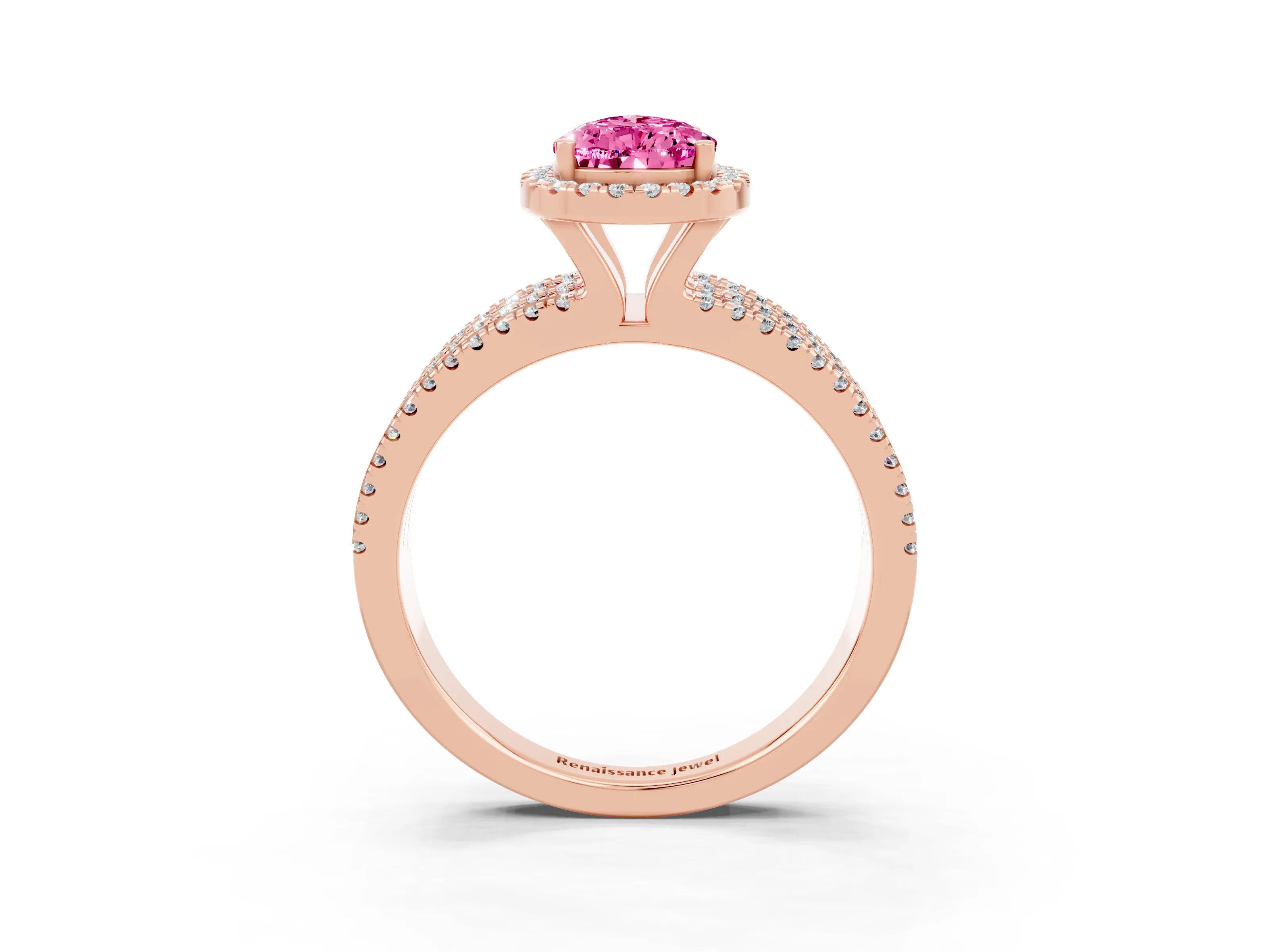 Rose gold {shape_name} Pink Sapphire Halo Engagement Ring with Split Shank and Four-Prong Setting_3