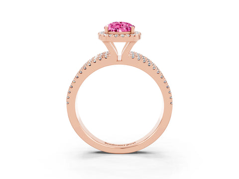 Rose gold {shape_name} Pink Sapphire Halo Engagement Ring with Split Shank and Four-Prong Setting_3