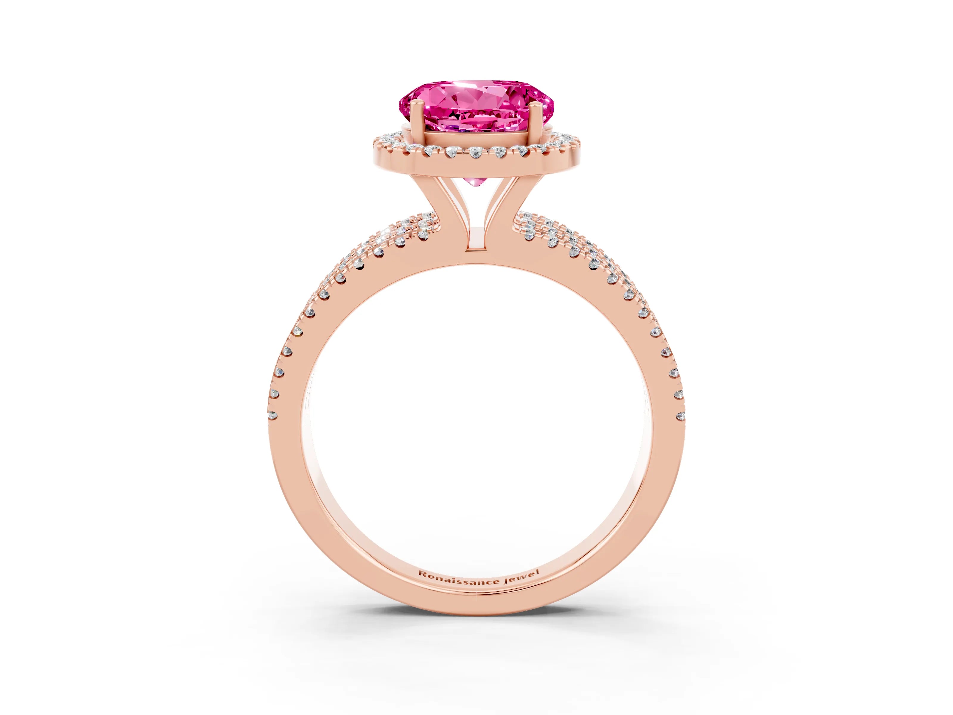 Rose gold {shape_name} Pink Sapphire Halo Engagement Ring with Split Shank and Four-Prong Setting_3