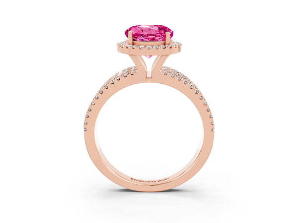 Rose gold Round Cut Pink Sapphire Halo Engagement Ring with Split Shank and Four-Prong Setting