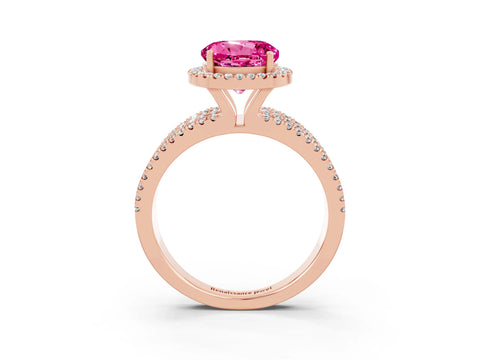 Rose gold {shape_name} Pink Sapphire Halo Engagement Ring with Split Shank and Four-Prong Setting_3