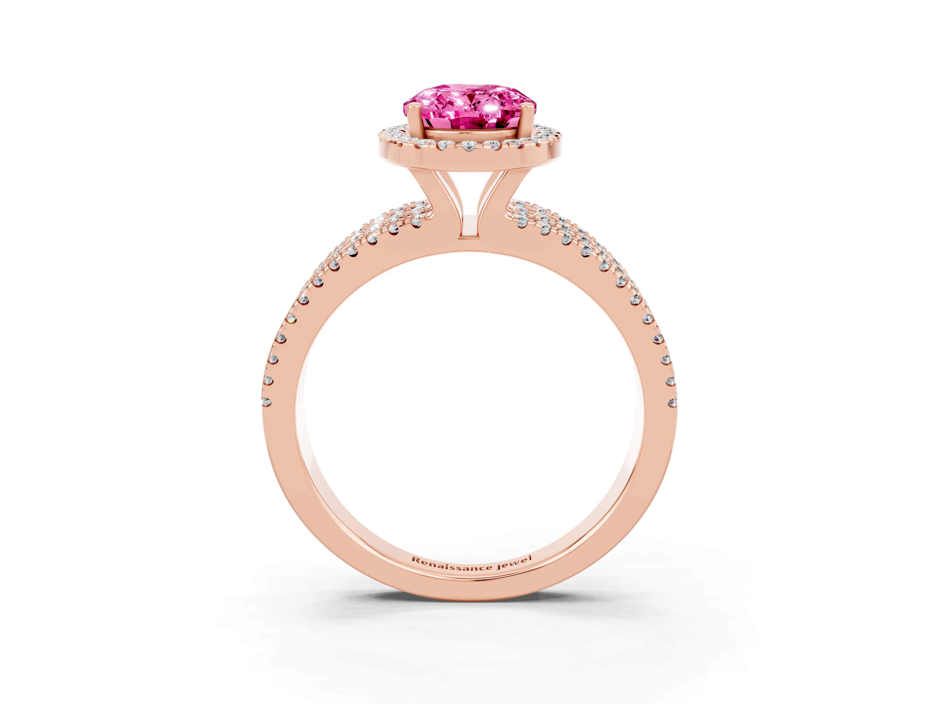 Rose gold {shape_name} Pink Sapphire Halo Engagement Ring with Split Shank and Four-Prong Setting_3