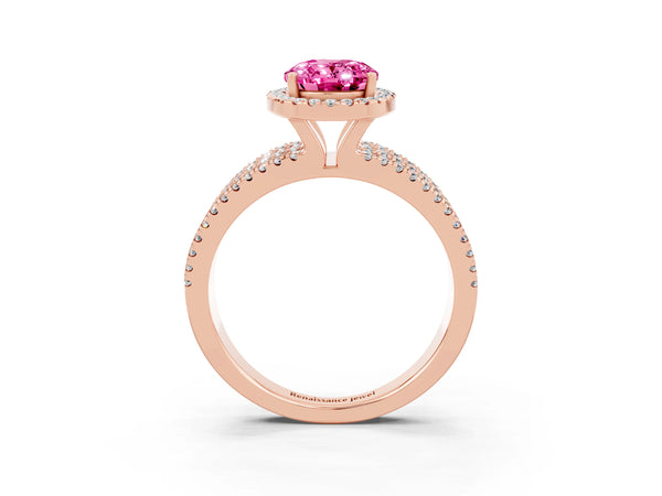 Rose gold Oval Cut Pink Sapphire Halo Engagement Ring with Split Shank and Four-Prong Setting