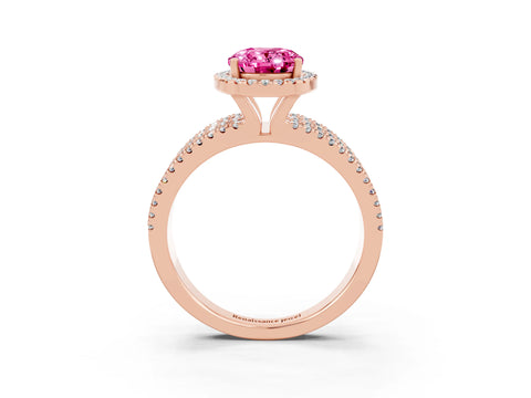 Rose gold {shape_name} Pink Sapphire Halo Engagement Ring with Split Shank and Four-Prong Setting_3