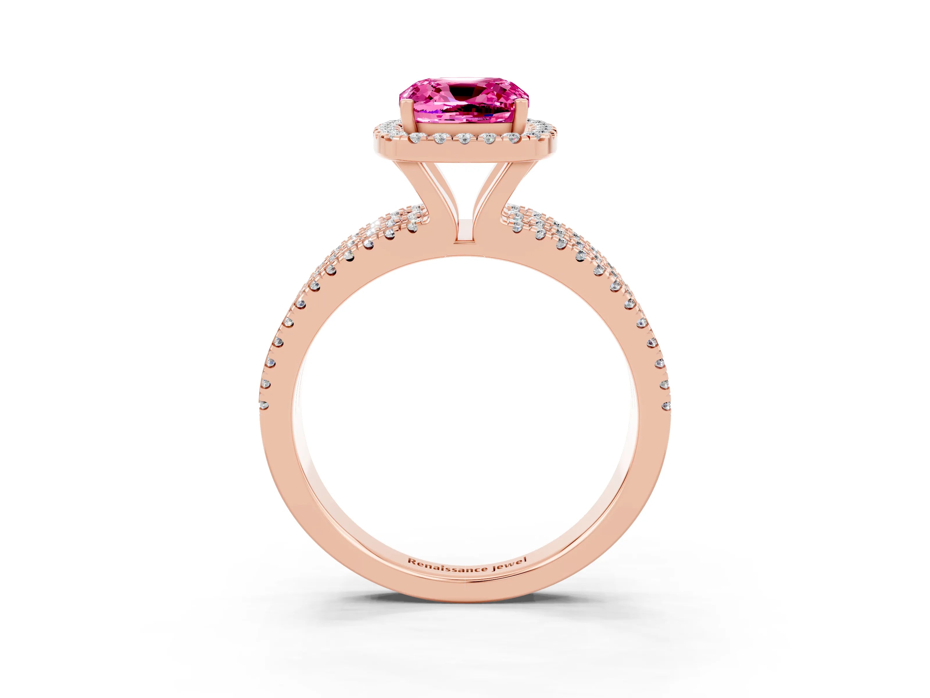 Rose gold {shape_name} Pink Sapphire Halo Engagement Ring with Split Shank and Four-Prong Setting_3