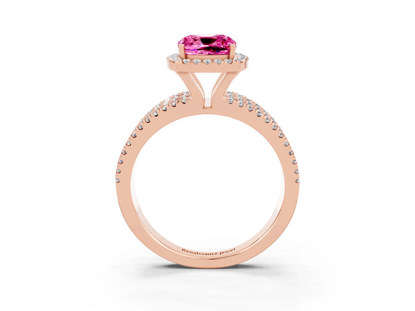 Rose gold Cushion Cut Pink Sapphire Halo Engagement Ring with Split Shank and Four-Prong Setting