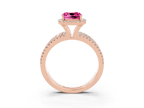 Rose gold {shape_name} Pink Sapphire Halo Engagement Ring with Split Shank and Four-Prong Setting_3