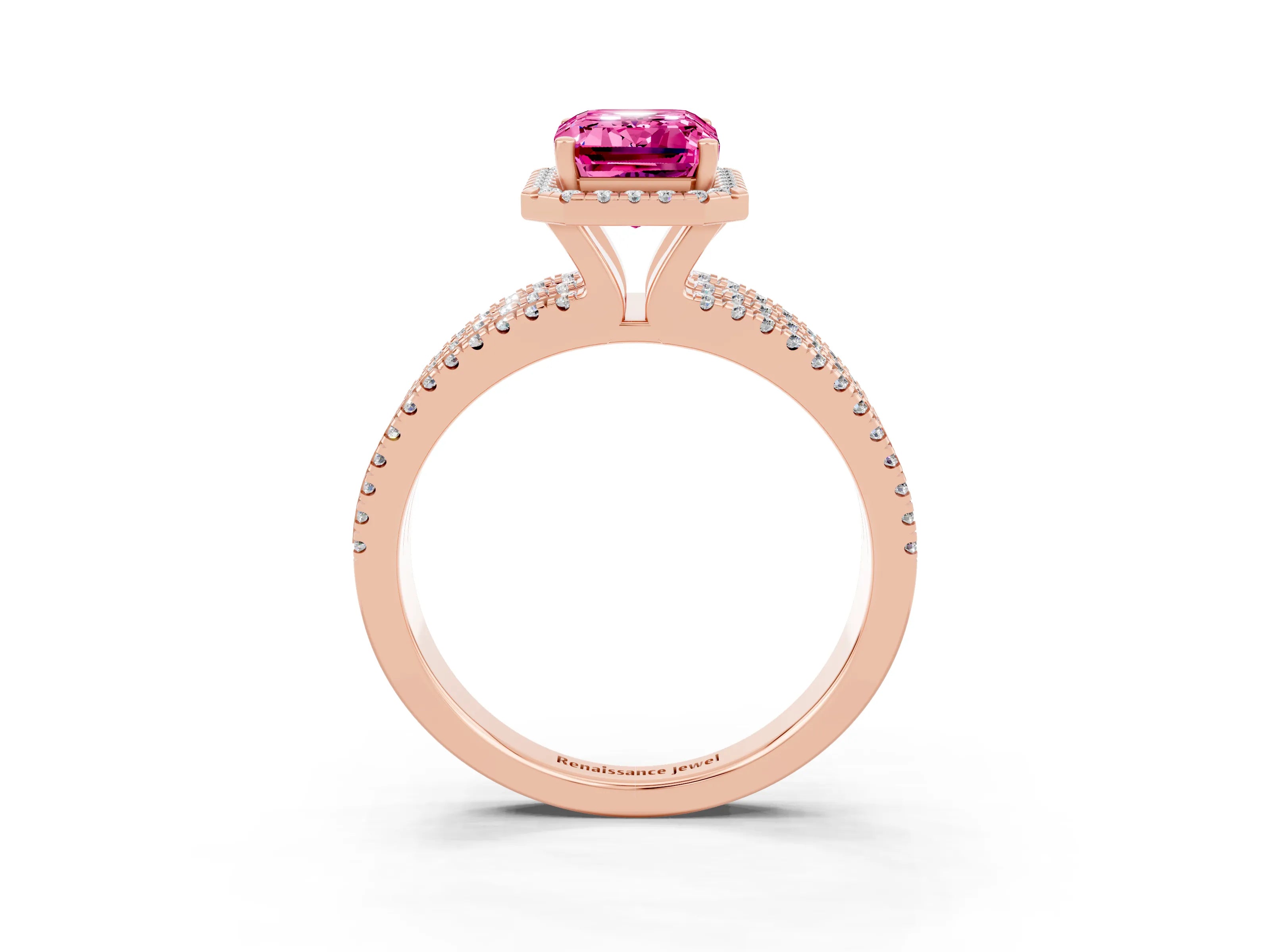 Rose gold {shape_name} Pink Sapphire Halo Engagement Ring with Split Shank and Four-Prong Setting_3