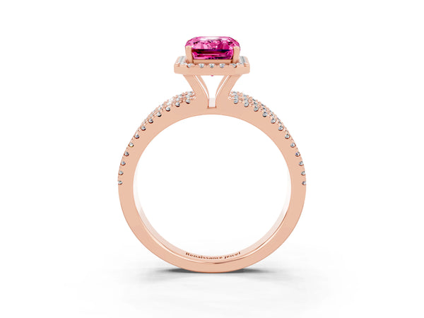 Rose gold Emerald Cut Pink Sapphire Halo Engagement Ring with Split Shank and Four-Prong Setting