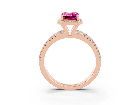 Rose gold {shape_name} Pink Sapphire Halo Engagement Ring with Split Shank and Four-Prong Setting_3