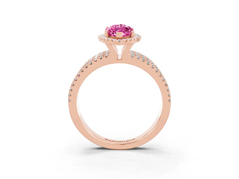 Rose gold {shape_name} Pink Sapphire Halo Engagement Ring with Split Shank and Four-Prong Setting_3