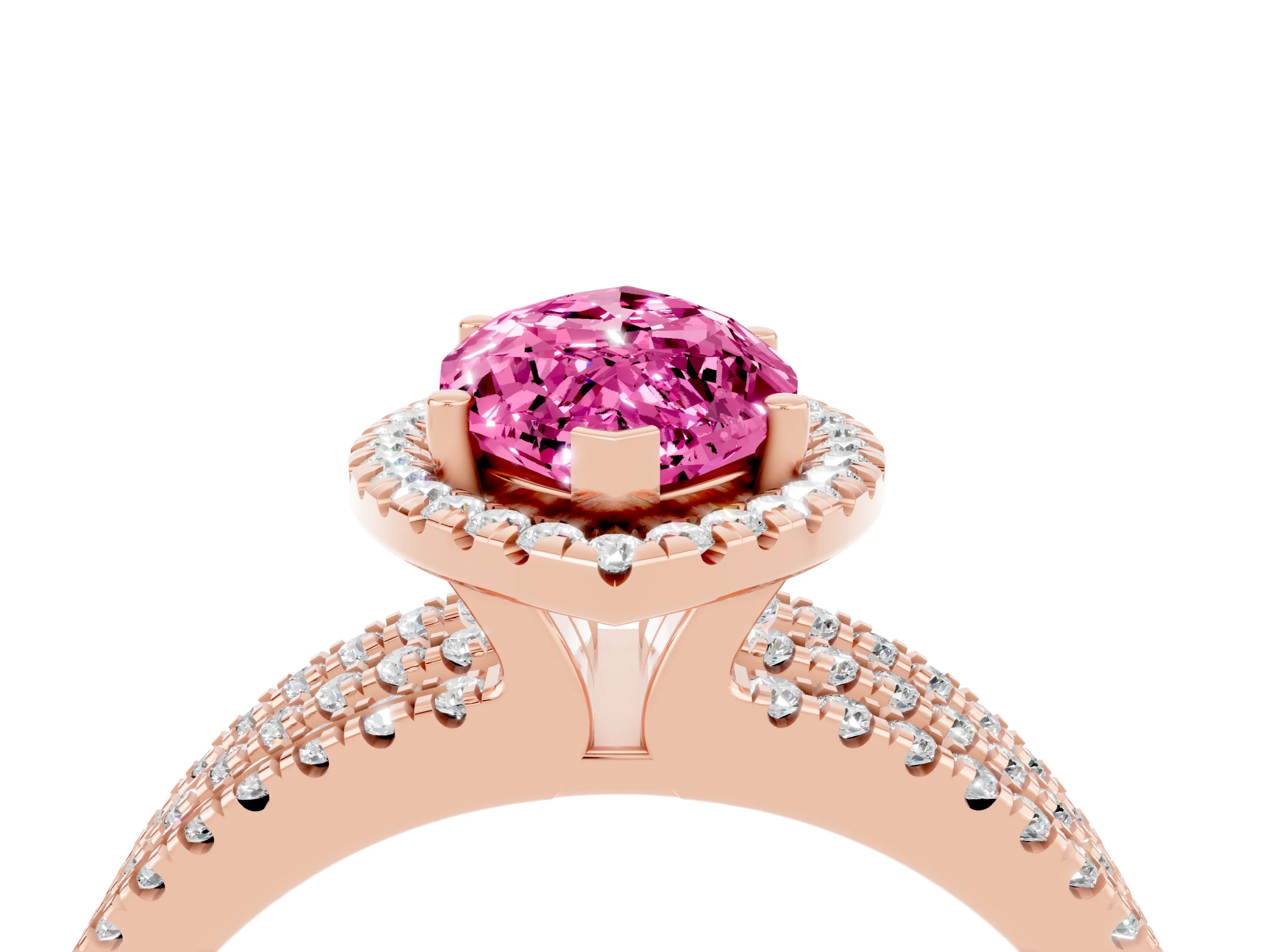 Rose gold {shape_name} Pink Sapphire Halo Engagement Ring with Split Shank and Four-Prong Setting_4