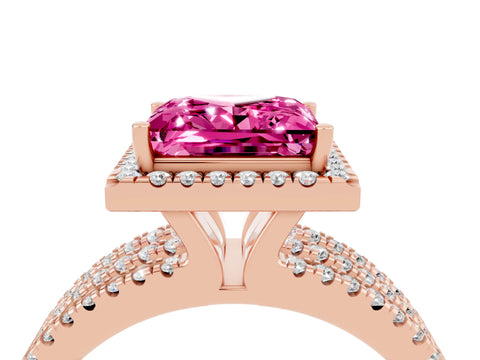 Rose gold {shape_name} Pink Sapphire Halo Engagement Ring with Split Shank and Four-Prong Setting_4