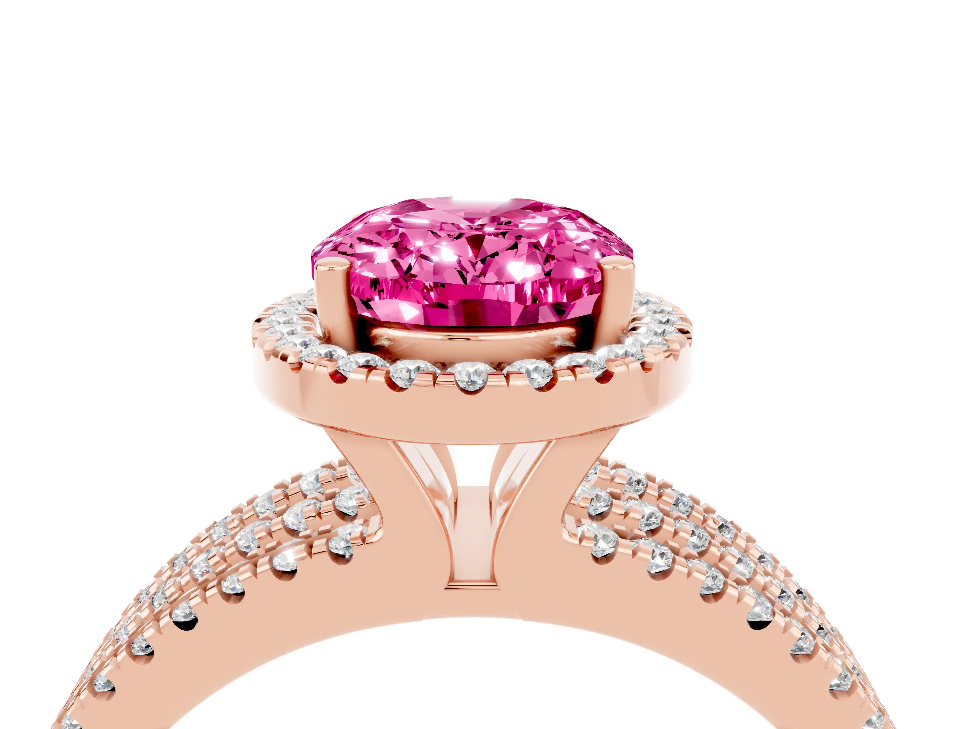 Rose gold {shape_name} Pink Sapphire Halo Engagement Ring with Split Shank and Four-Prong Setting_4