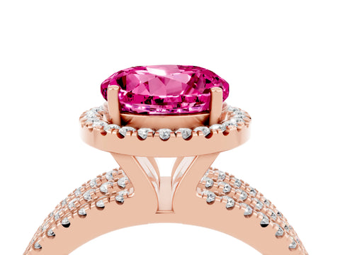 Rose gold {shape_name} Pink Sapphire Halo Engagement Ring with Split Shank and Four-Prong Setting_4