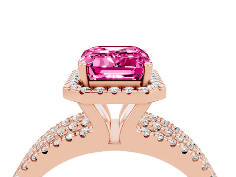 Rose gold {shape_name} Pink Sapphire Halo Engagement Ring with Split Shank and Four-Prong Setting_4