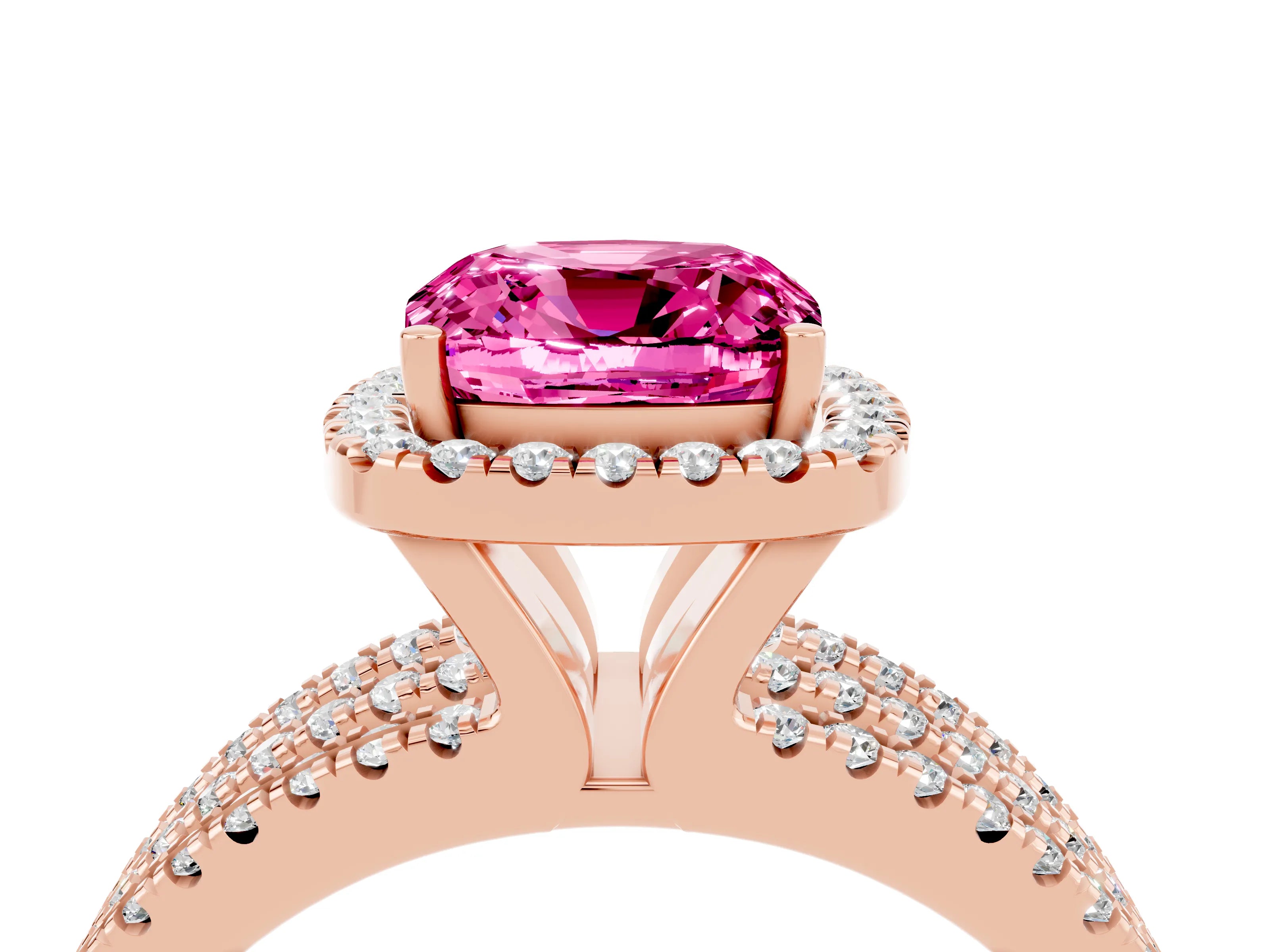Rose gold {shape_name} Pink Sapphire Halo Engagement Ring with Split Shank and Four-Prong Setting_4