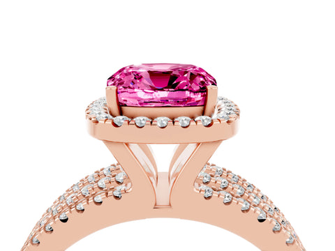 Rose gold {shape_name} Pink Sapphire Halo Engagement Ring with Split Shank and Four-Prong Setting_4