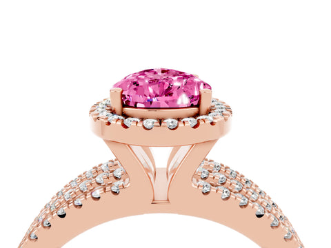 Rose gold {shape_name} Pink Sapphire Halo Engagement Ring with Split Shank and Four-Prong Setting_4