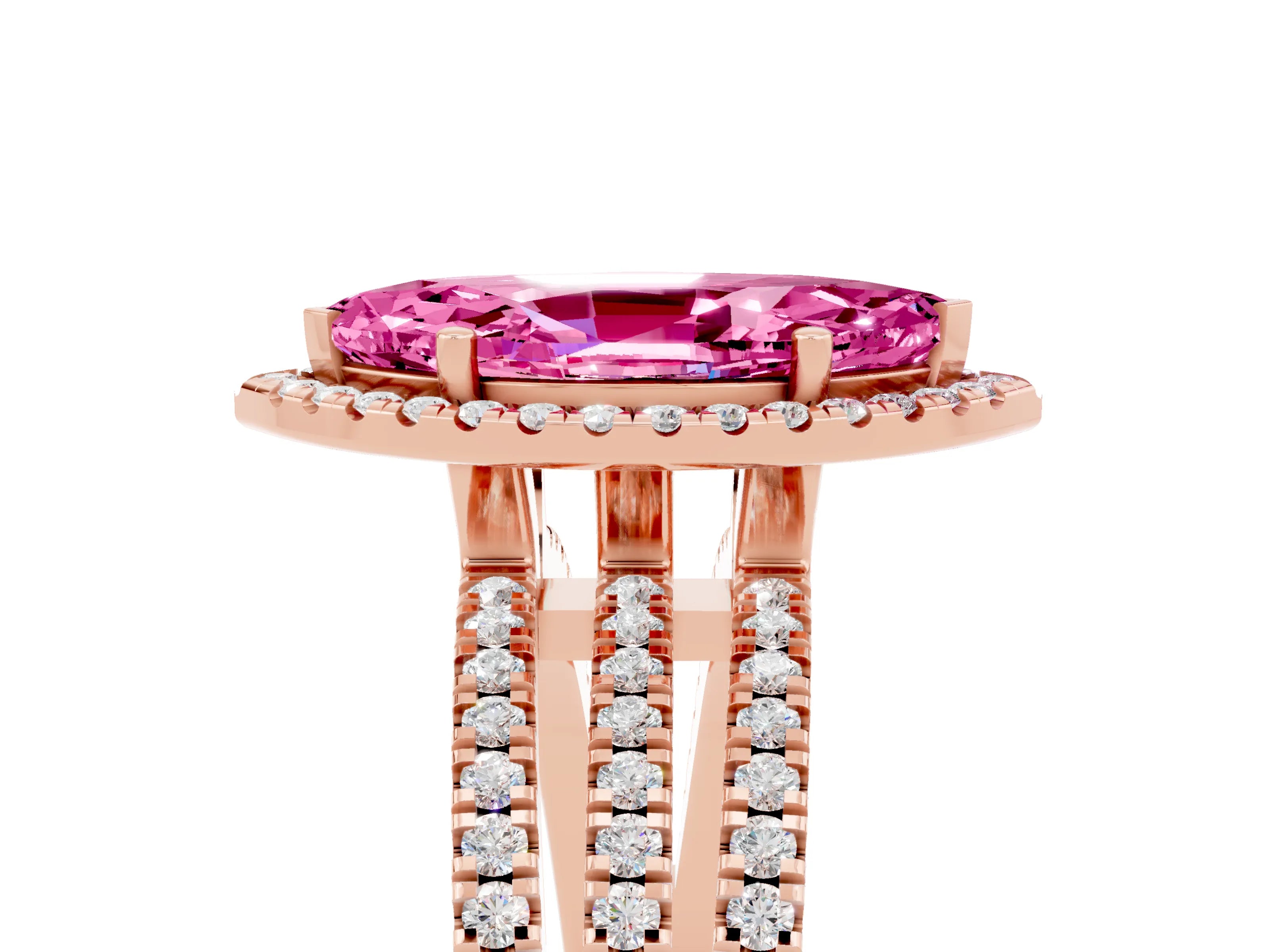 Rose gold {shape_name} Pink Sapphire Halo Engagement Ring with Split Shank and Four-Prong Setting_5