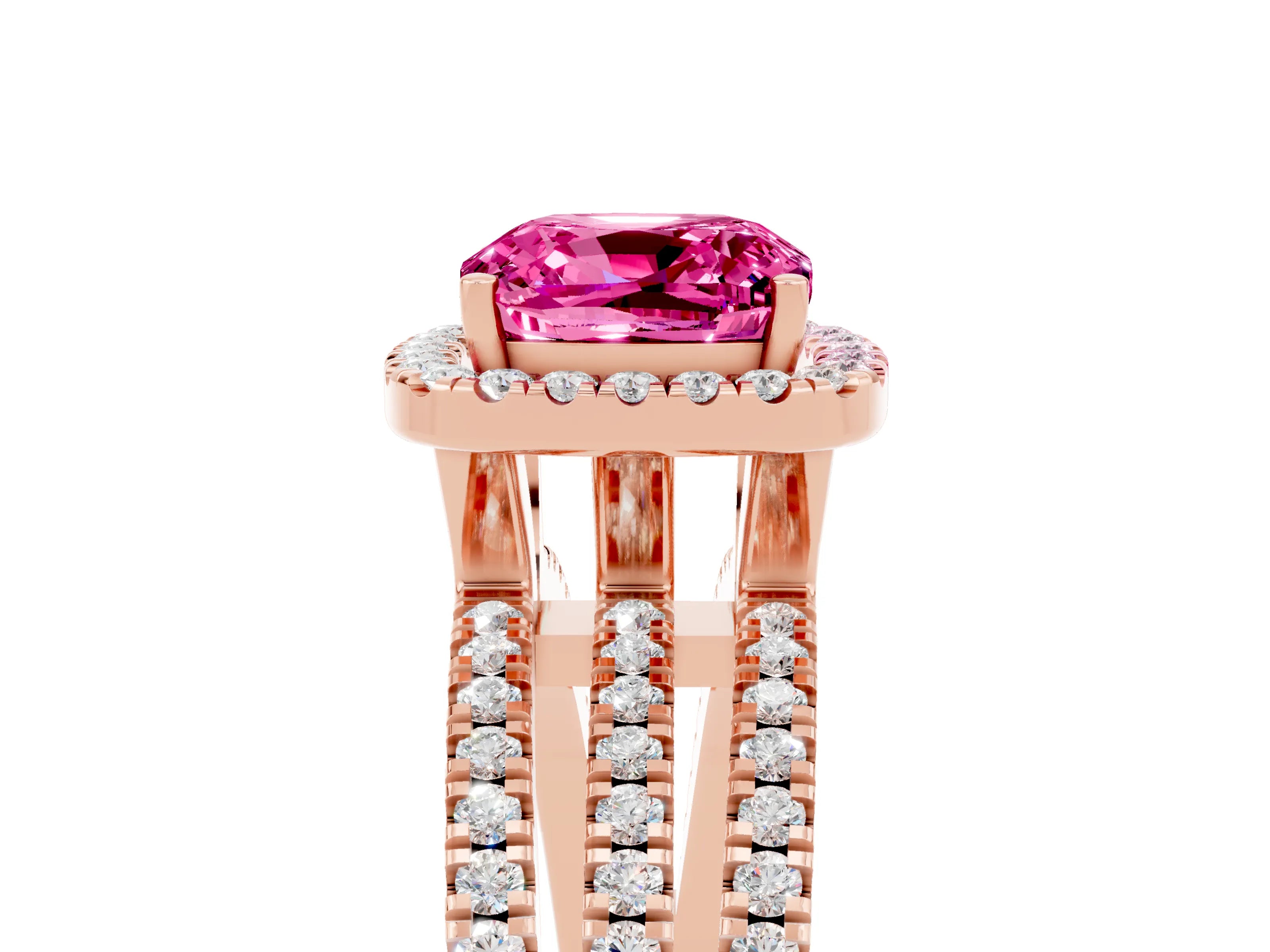 Rose gold {shape_name} Pink Sapphire Halo Engagement Ring with Split Shank and Four-Prong Setting_5