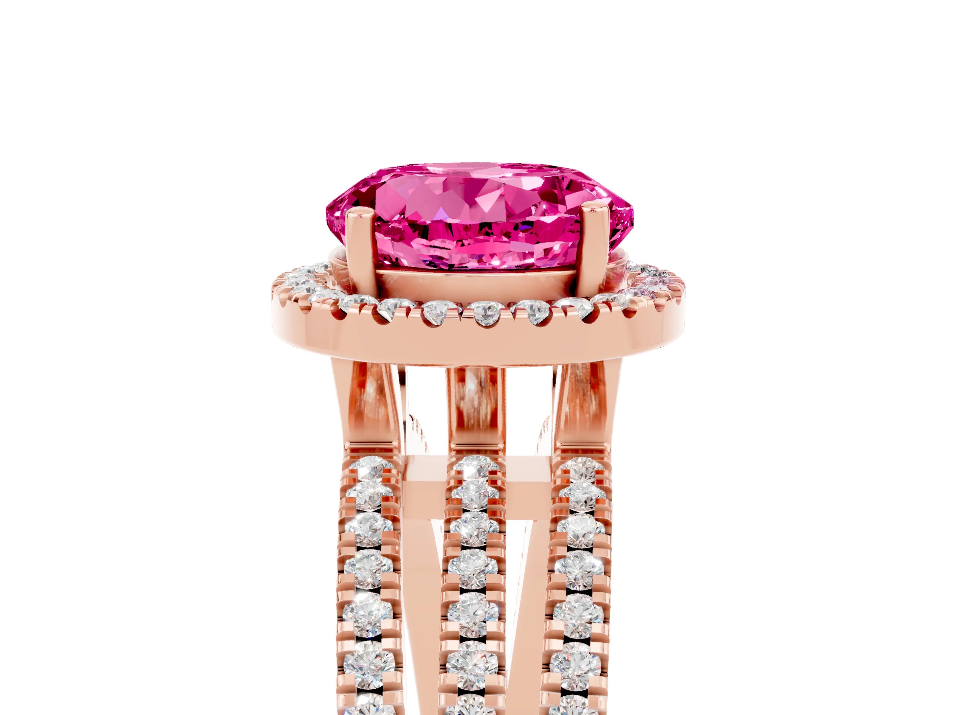 Rose gold {shape_name} Pink Sapphire Halo Engagement Ring with Split Shank and Four-Prong Setting_5