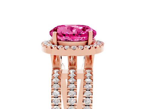 Rose gold {shape_name} Pink Sapphire Halo Engagement Ring with Split Shank and Four-Prong Setting_5