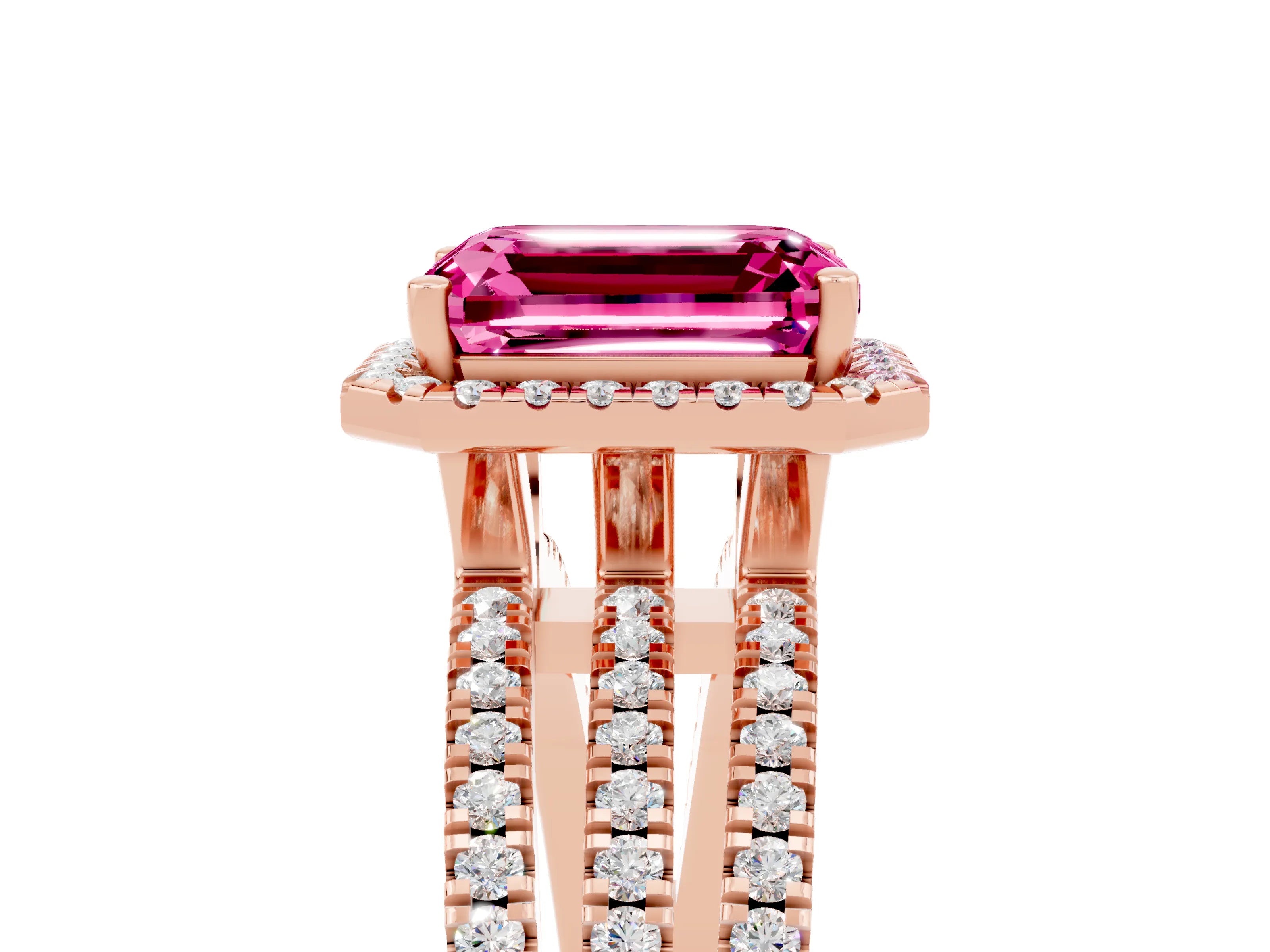 Rose gold {shape_name} Pink Sapphire Halo Engagement Ring with Split Shank and Four-Prong Setting_5