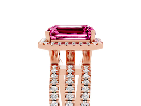 Rose gold {shape_name} Pink Sapphire Halo Engagement Ring with Split Shank and Four-Prong Setting_5