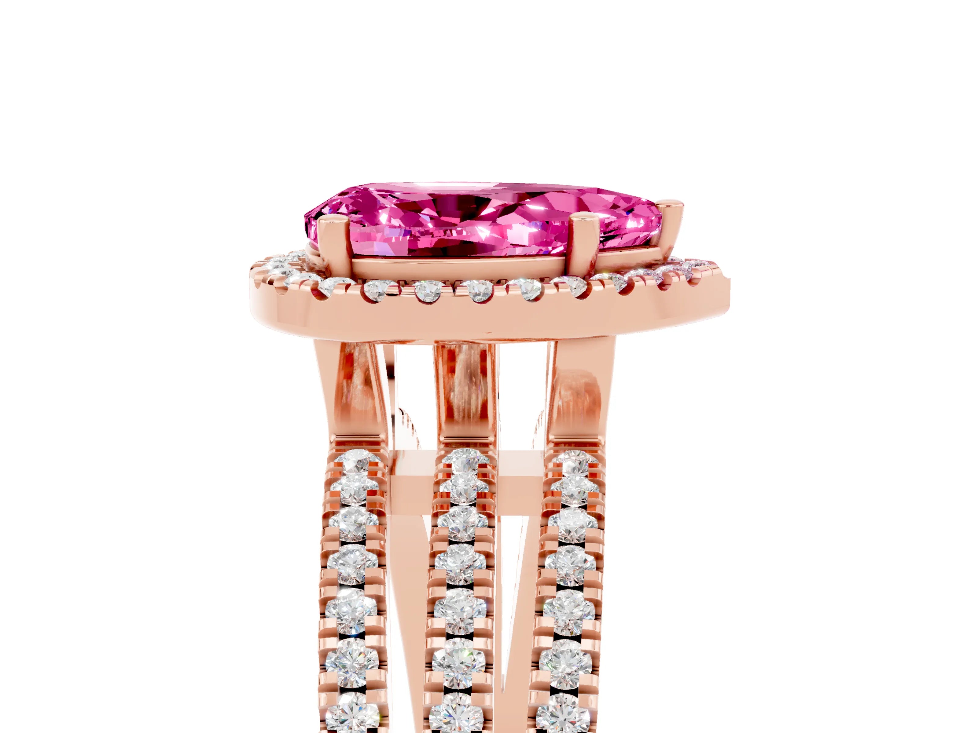 Rose gold {shape_name} Pink Sapphire Halo Engagement Ring with Split Shank and Four-Prong Setting_5