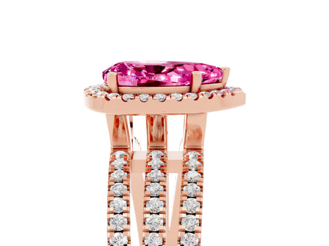 Rose gold {shape_name} Pink Sapphire Halo Engagement Ring with Split Shank and Four-Prong Setting_5