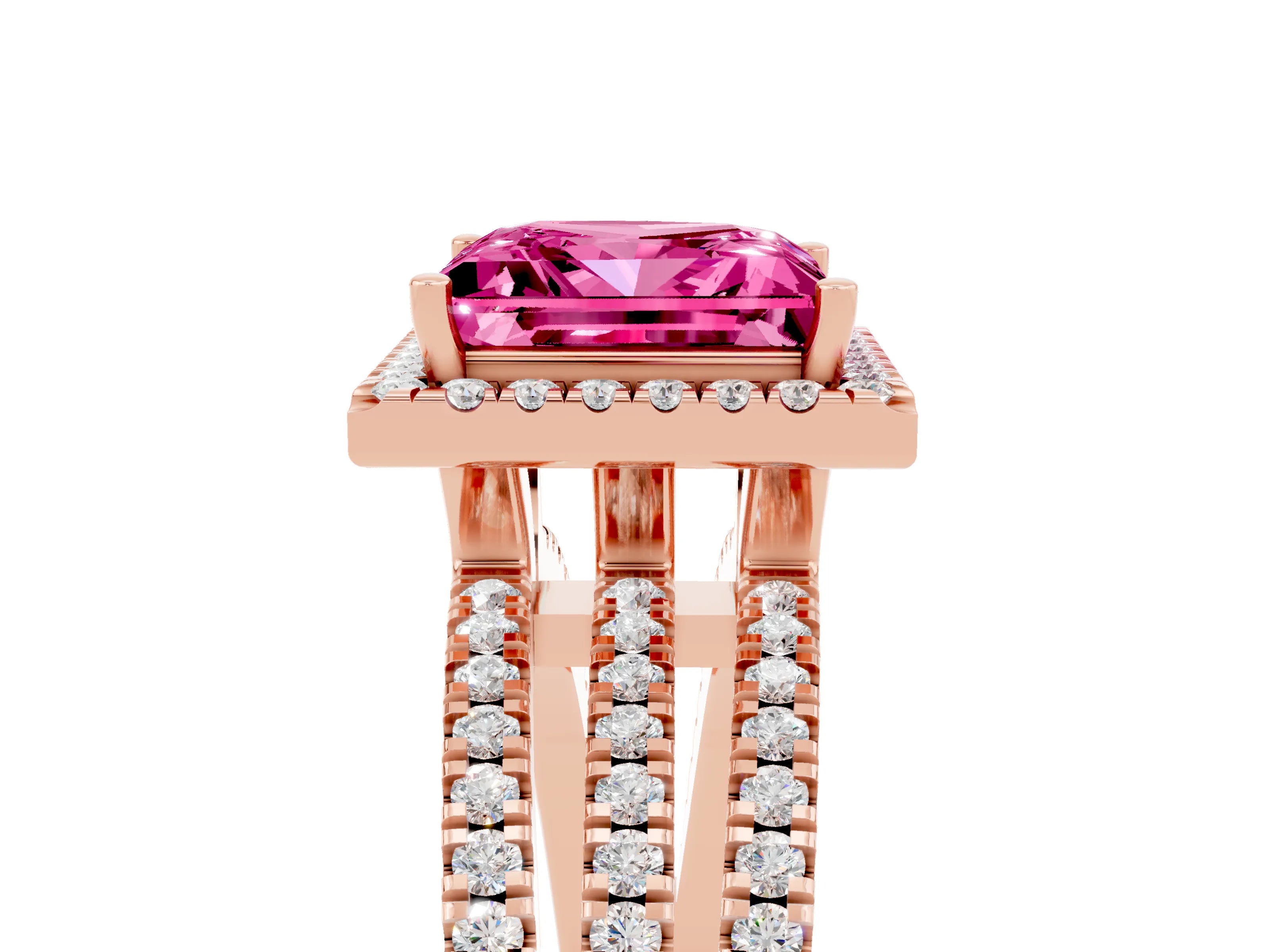 Rose gold {shape_name} Pink Sapphire Halo Engagement Ring with Split Shank and Four-Prong Setting_5