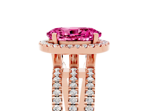 Rose gold {shape_name} Pink Sapphire Halo Engagement Ring with Split Shank and Four-Prong Setting_5