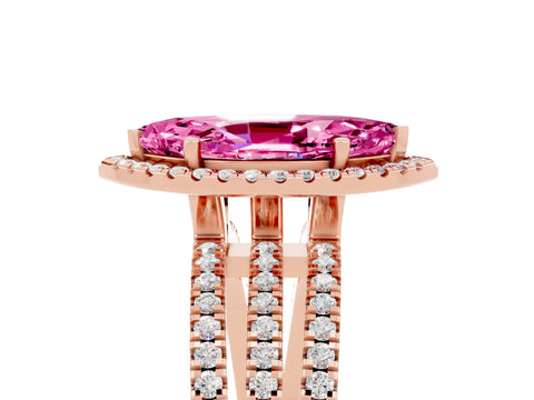 Rose gold {shape_name} Pink Sapphire Halo Engagement Ring with Split Shank and Four-Prong Setting_5