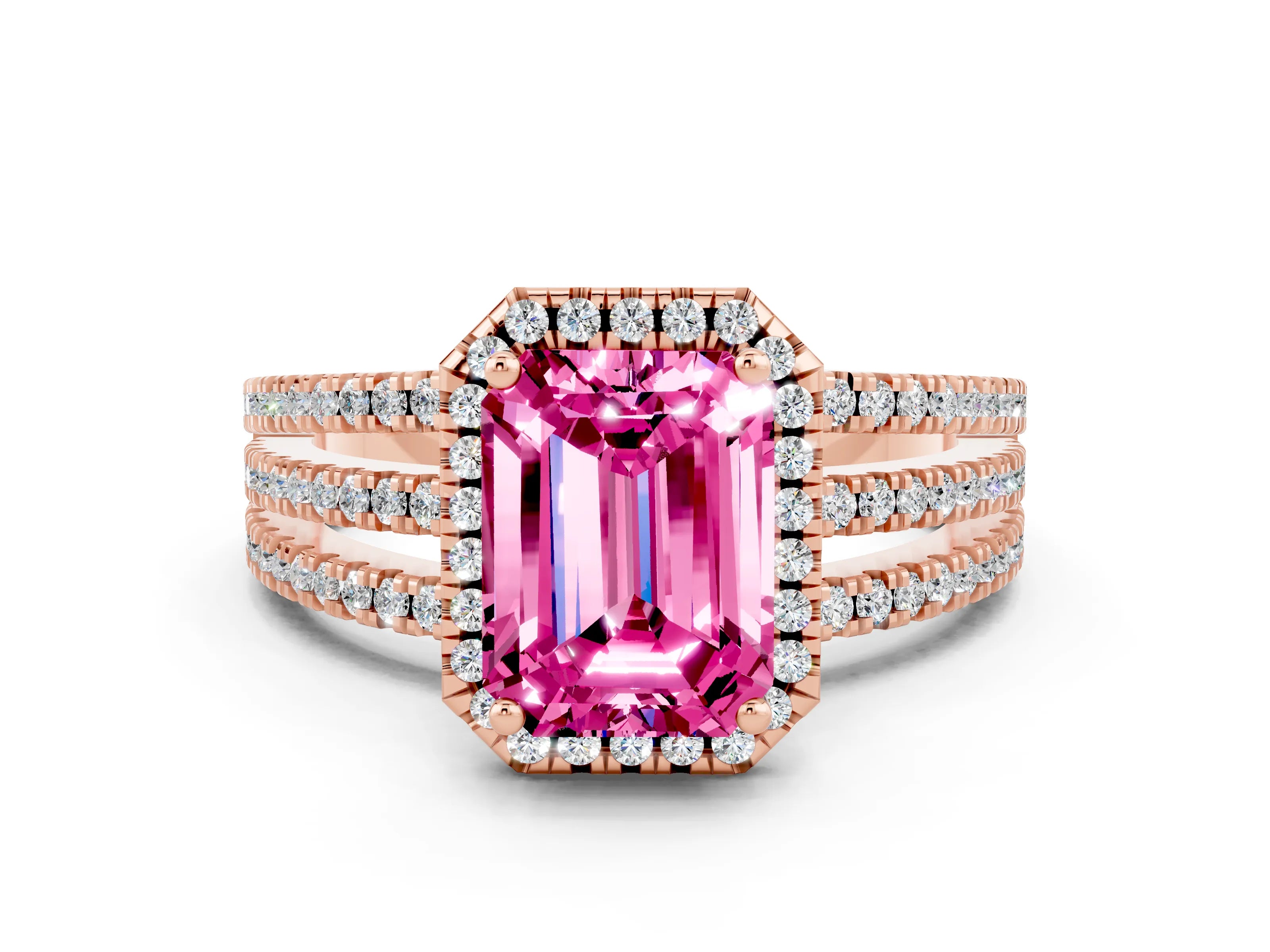 Rose gold {shape_name} Pink Sapphire Halo Engagement Ring with Split Shank and Four-Prong Setting