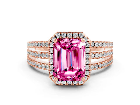 Rose gold {shape_name} Pink Sapphire Halo Engagement Ring with Split Shank and Four-Prong Setting
