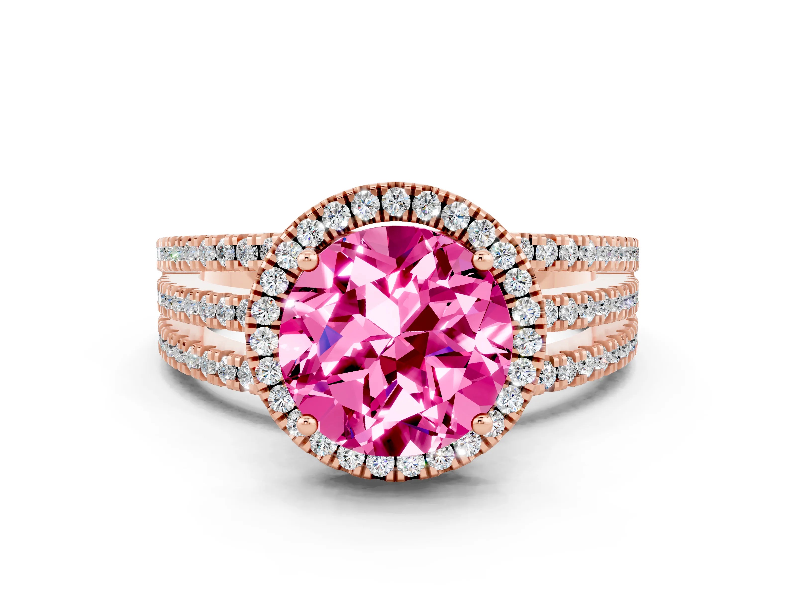 Rose gold {shape_name} Pink Sapphire Halo Engagement Ring with Split Shank and Four-Prong Setting