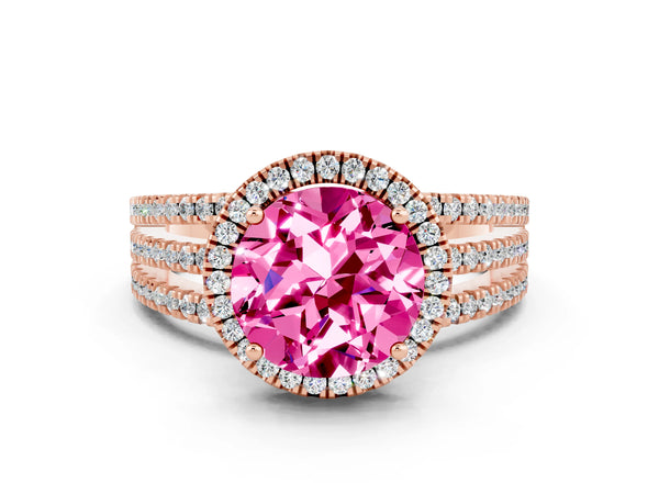 Rose gold Round Cut Pink Sapphire Halo Engagement Ring with Split Shank and Four-Prong Setting