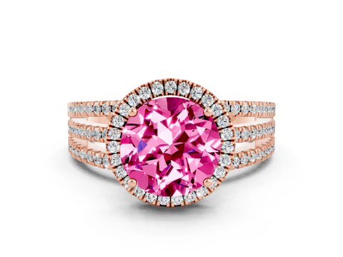 Rose gold {shape_name} Pink Sapphire Halo Engagement Ring with Split Shank and Four-Prong Setting