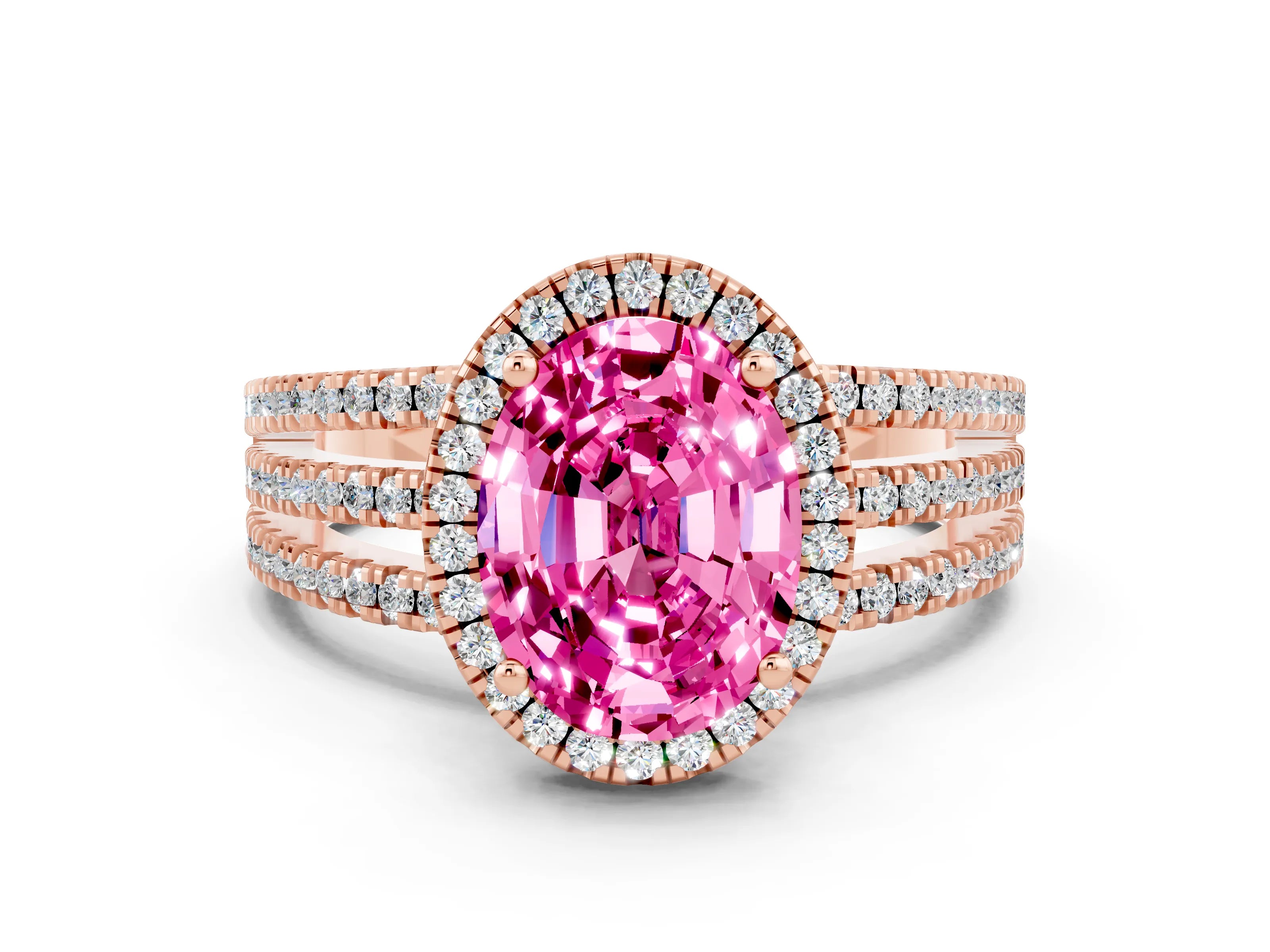 Rose gold {shape_name} Pink Sapphire Halo Engagement Ring with Split Shank and Four-Prong Setting