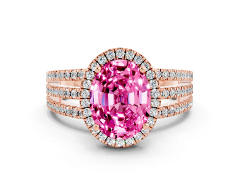 Rose gold {shape_name} Pink Sapphire Halo Engagement Ring with Split Shank and Four-Prong Setting