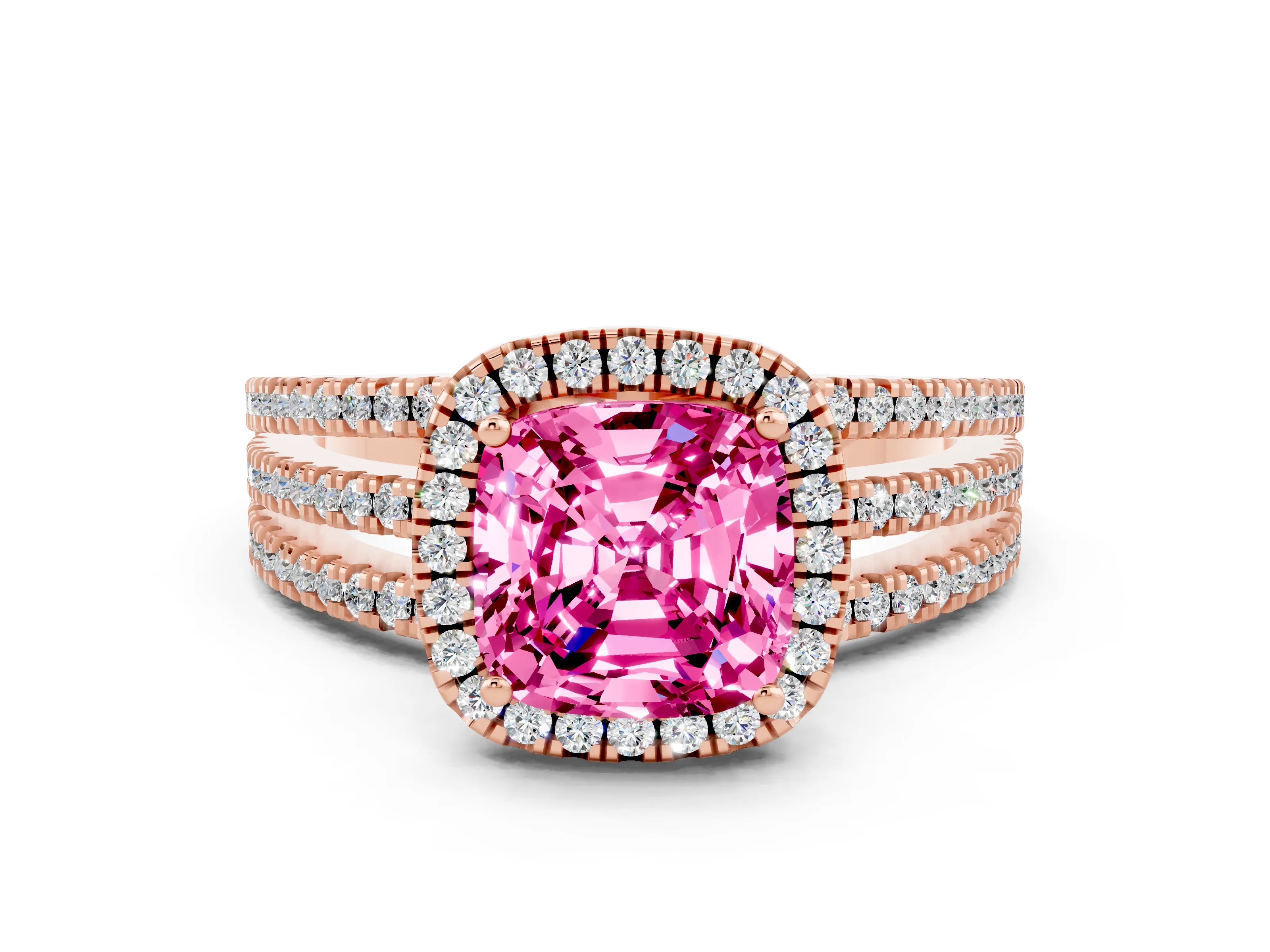 Rose gold {shape_name} Pink Sapphire Halo Engagement Ring with Split Shank and Four-Prong Setting