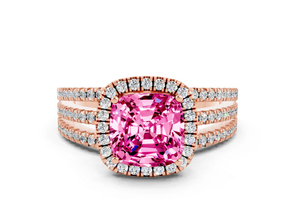Rose gold Cushion Cut Pink Sapphire Halo Engagement Ring with Split Shank and Four-Prong Setting