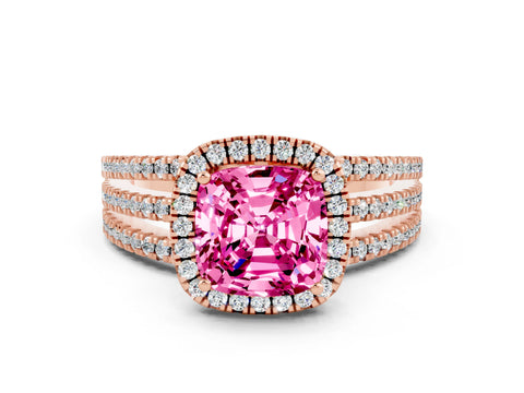Rose gold {shape_name} Pink Sapphire Halo Engagement Ring with Split Shank and Four-Prong Setting