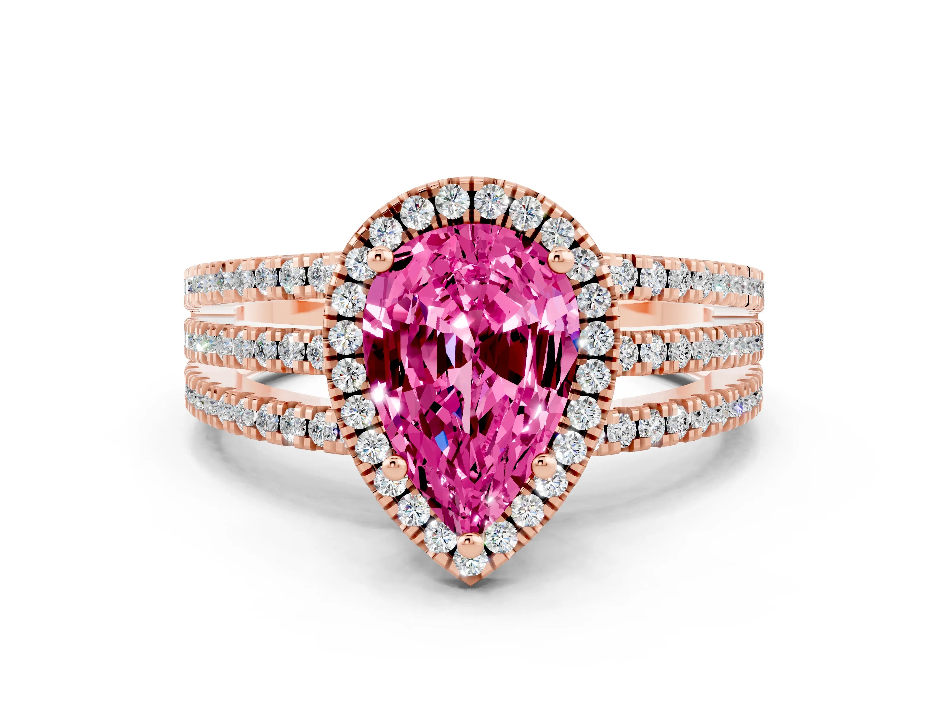 Rose gold {shape_name} Pink Sapphire Halo Engagement Ring with Split Shank and Four-Prong Setting