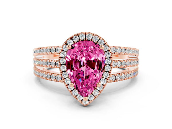 Rose gold Pear Cut Pink Sapphire Halo Engagement Ring with Split Shank and Four-Prong Setting