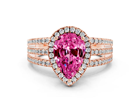 Rose gold {shape_name} Pink Sapphire Halo Engagement Ring with Split Shank and Four-Prong Setting