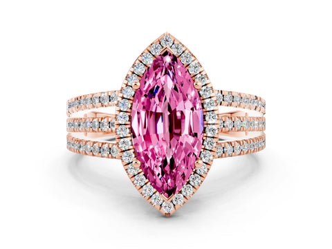 Rose gold {shape_name} Pink Sapphire Halo Engagement Ring with Split Shank and Four-Prong Setting