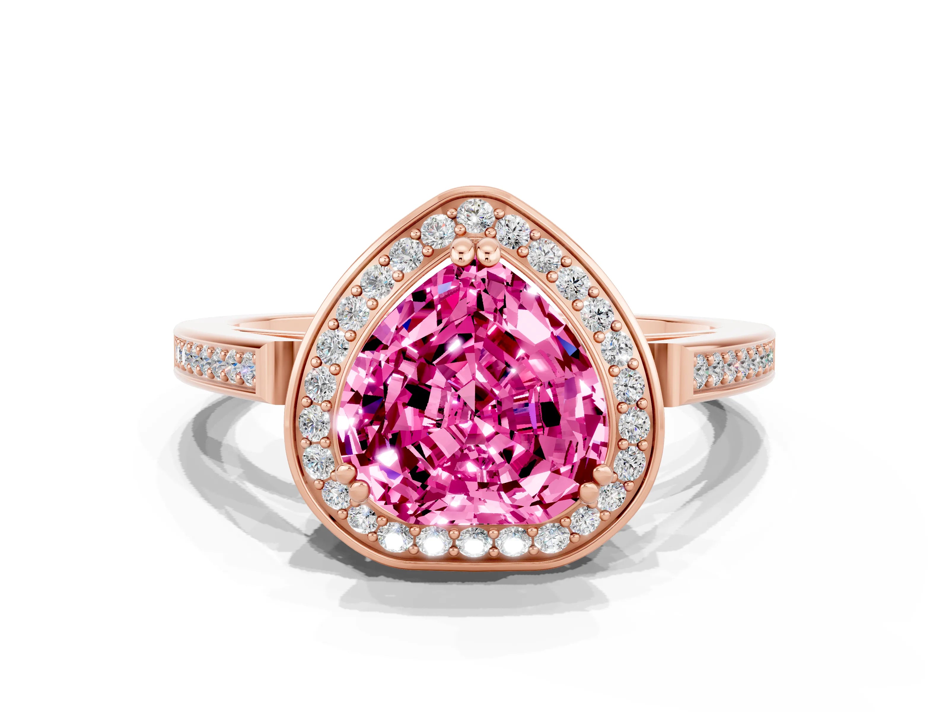 Rose gold {shape_name} Pink Sapphire Halo Ring with Split Shank and Four-Prong Setting
